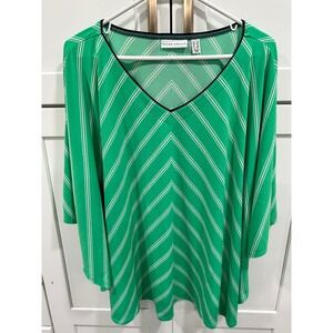 Susan Graver Chevron Print Top V-Neck‎ 3/4 Sleeve Blouse Green 1X